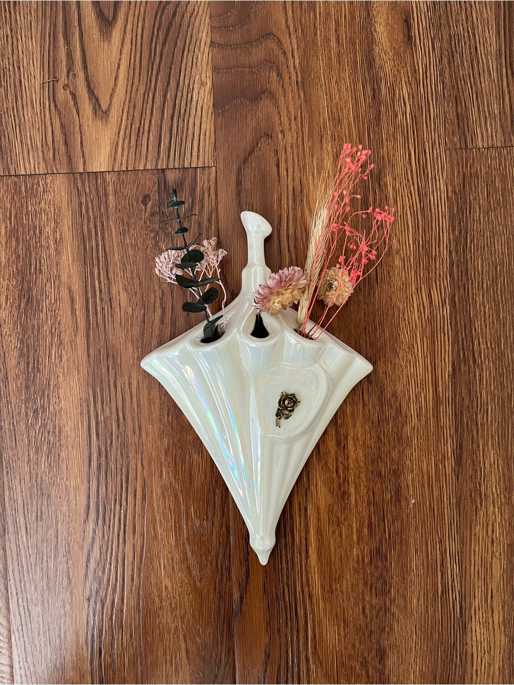 Vintage White Iridescent Ceramic vase Wall Hook